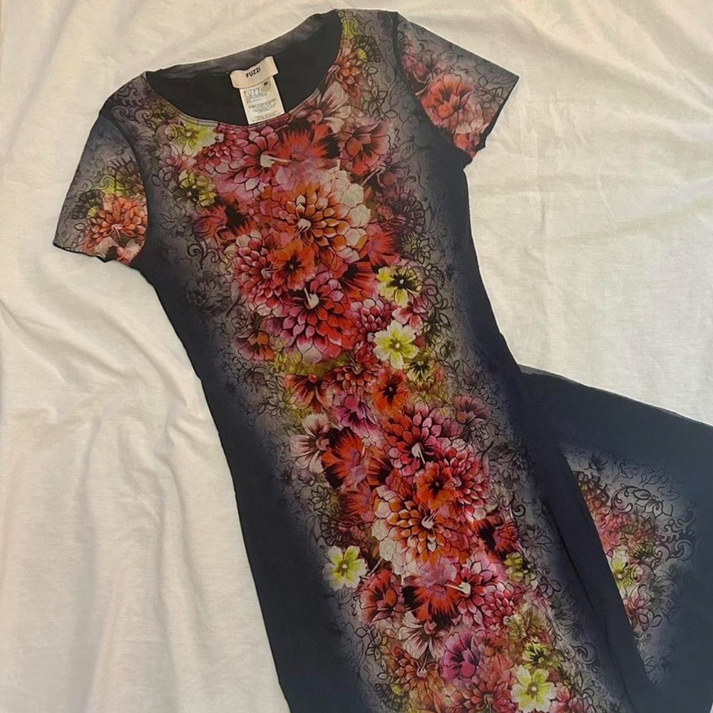 fuzzi jean paul gaultier tulle mesh dress with floral pattern